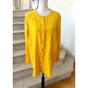 Flax Marigold Yellow Linen Button Down Crewneck Tunic Length Blouse